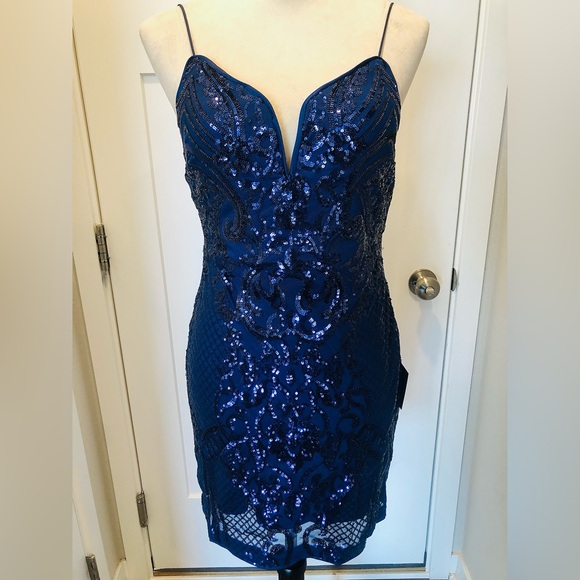 Lulus Dresses & Skirts - Truly Enchanting Navy Blue Sequin Backless Bodycon Mini Dress
